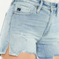 High rise side slit denim shorts with trendy side details and flattering high-waist, perfect for summer wardrobe.