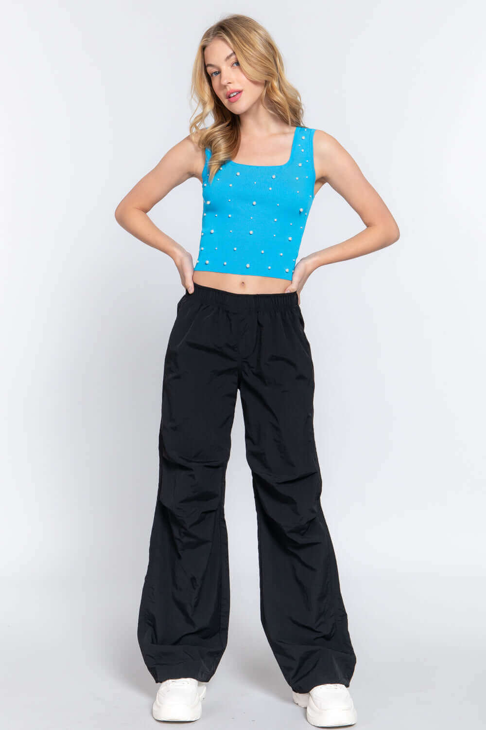 ACTIVE BASIC Pearl Detail Square Neck Cropped Tank at Bella Road