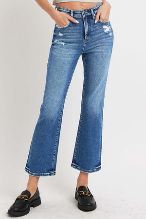 RISEN Full Size Tummy Control High Rise Crop Bootcut Jeans in blue, slightly stretchy, pocketed, and washed denim, worn with black loafers