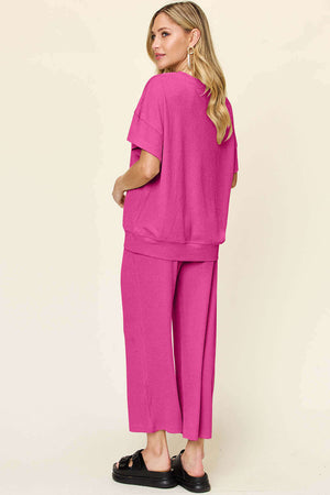 DOUBLE TAKE Full Size Texture Round Neck Short Sleeve T-Shirt and Wide Leg Pants at Bella Road