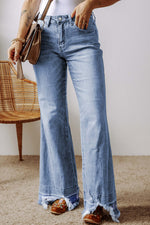 Petite woman wearing raw hem bootcut jeans with pockets, slightly stretchy denim, stylish and functional fashion.