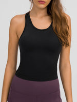 Millennia Round Neck Racerback Active Tank in black, perfect for workouts with removable padding and stylish comfort.