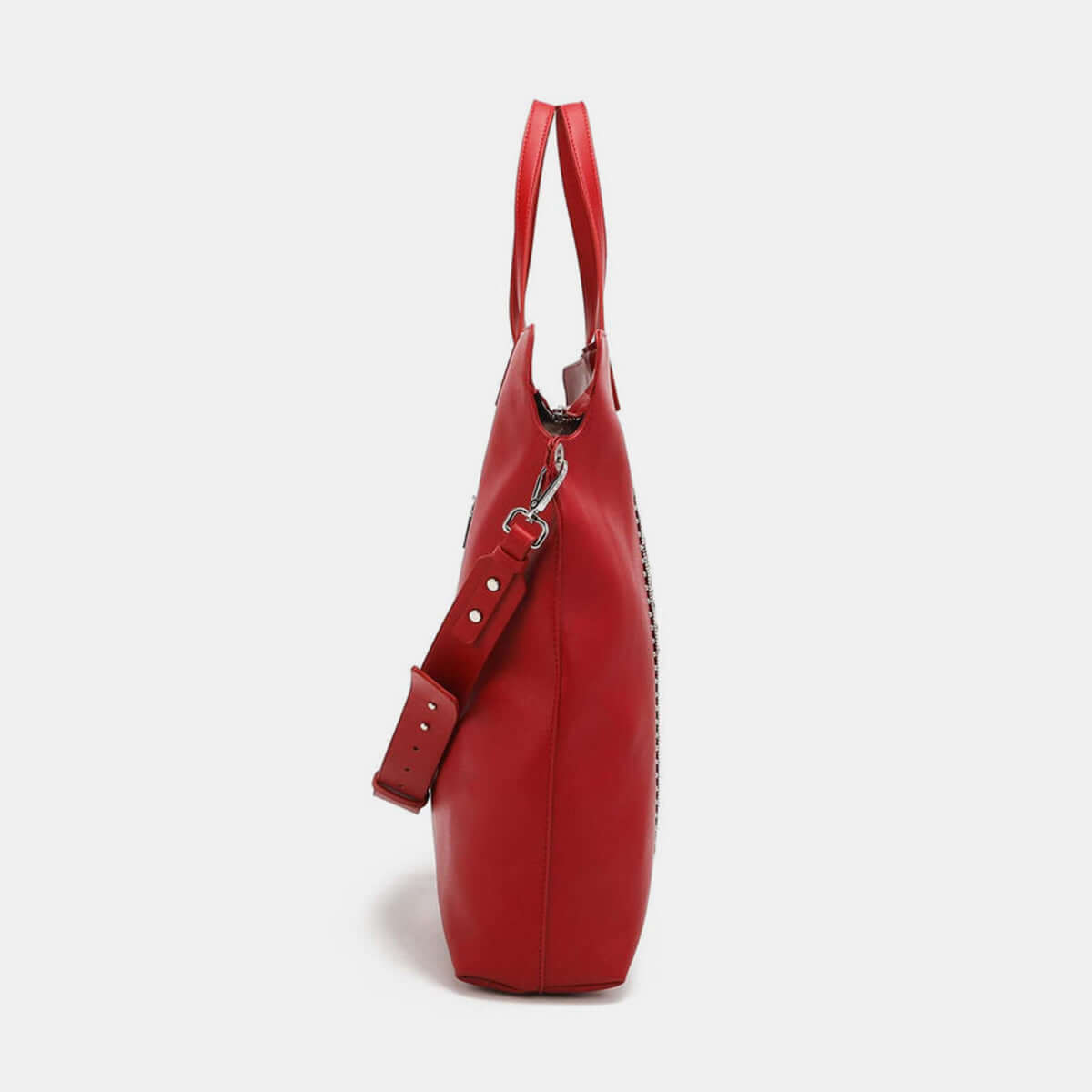 Nicole Lee USA red studded tote bag with additional shoulder strap, side view, large size, vegan leather, perfect for travel or weekend use