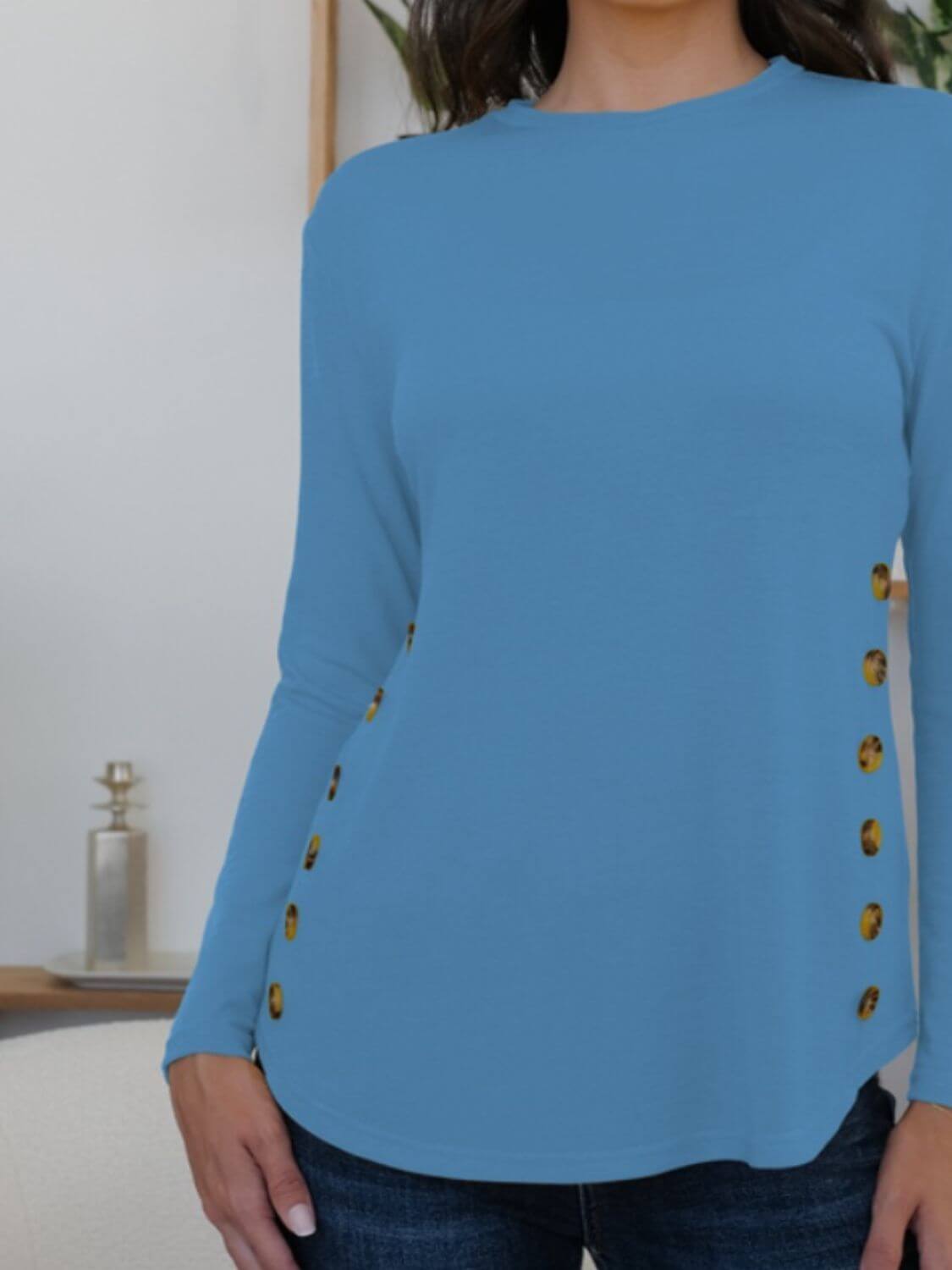 Blue FAM-FAM round neck long sleeve t-shirt with decorative buttons, showcasing comfort and style for casual occasions.