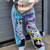 Bella Road Pop Art Graphic Distressed Wide Leg Jeans - Light Blue