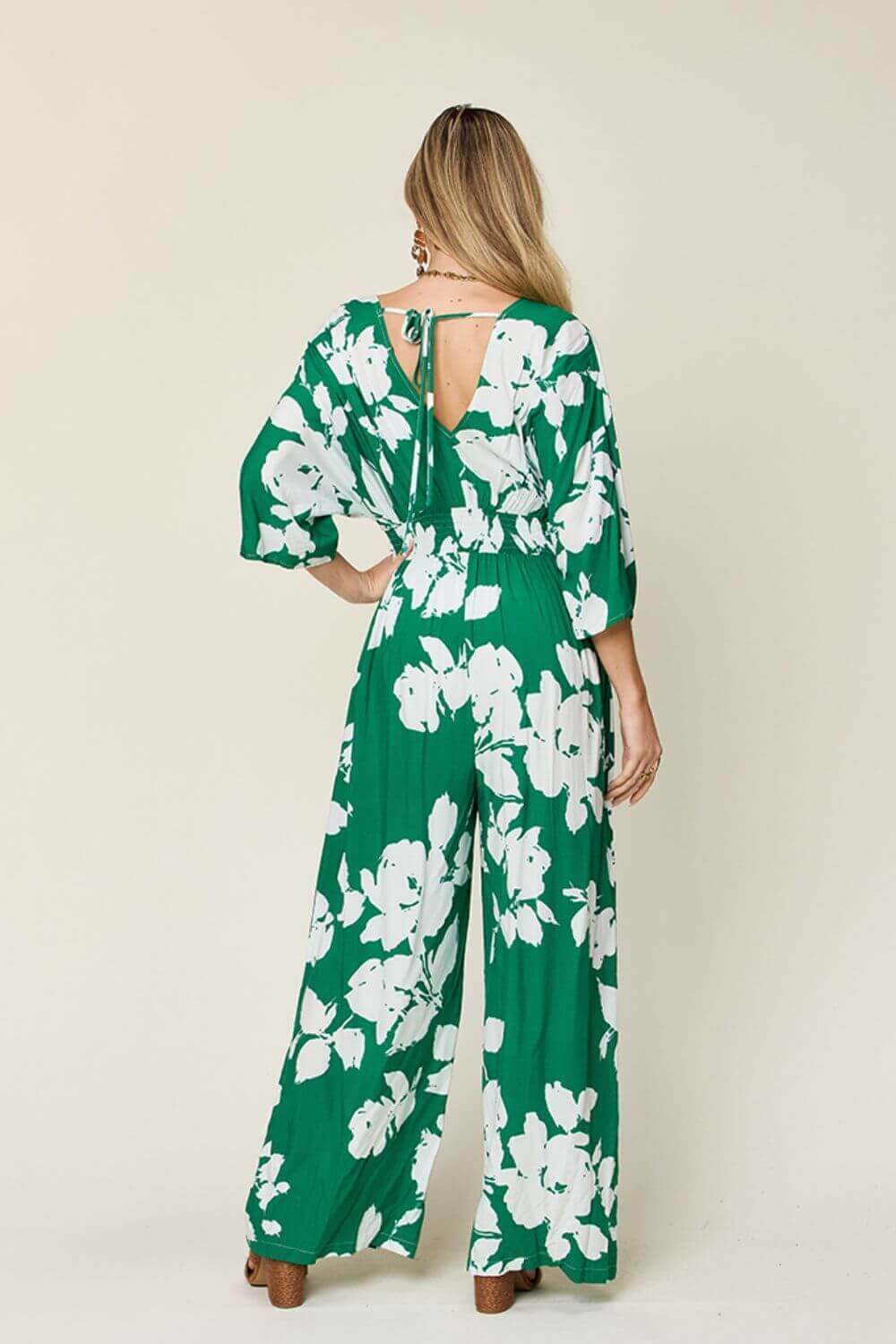 DOUBLE TAKE Full Size Printed Tie Back Wide Leg Jumpsuit at Bella Road