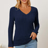 Ribbed V-Neck Long Sleeve T-Shirt - Dark Blue