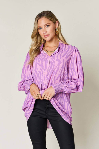 DOUBLE TAKE Full Size Printed Smocked Long Sleeve Blouse at Bella Road