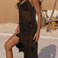 Woman wearing openwork scoop neck spaghetti strap cover-up dress in sheer black.