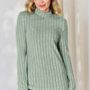 Ribbed Mock Neck Long Sleeve T-Shirt - Light Green