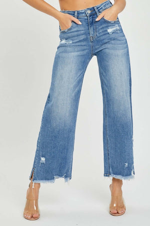 High Rise Side Slit Raw Hem Cropped Risen Jeans for a trendy and stylish casual outfit with unique details and a laid-back, edgy look.