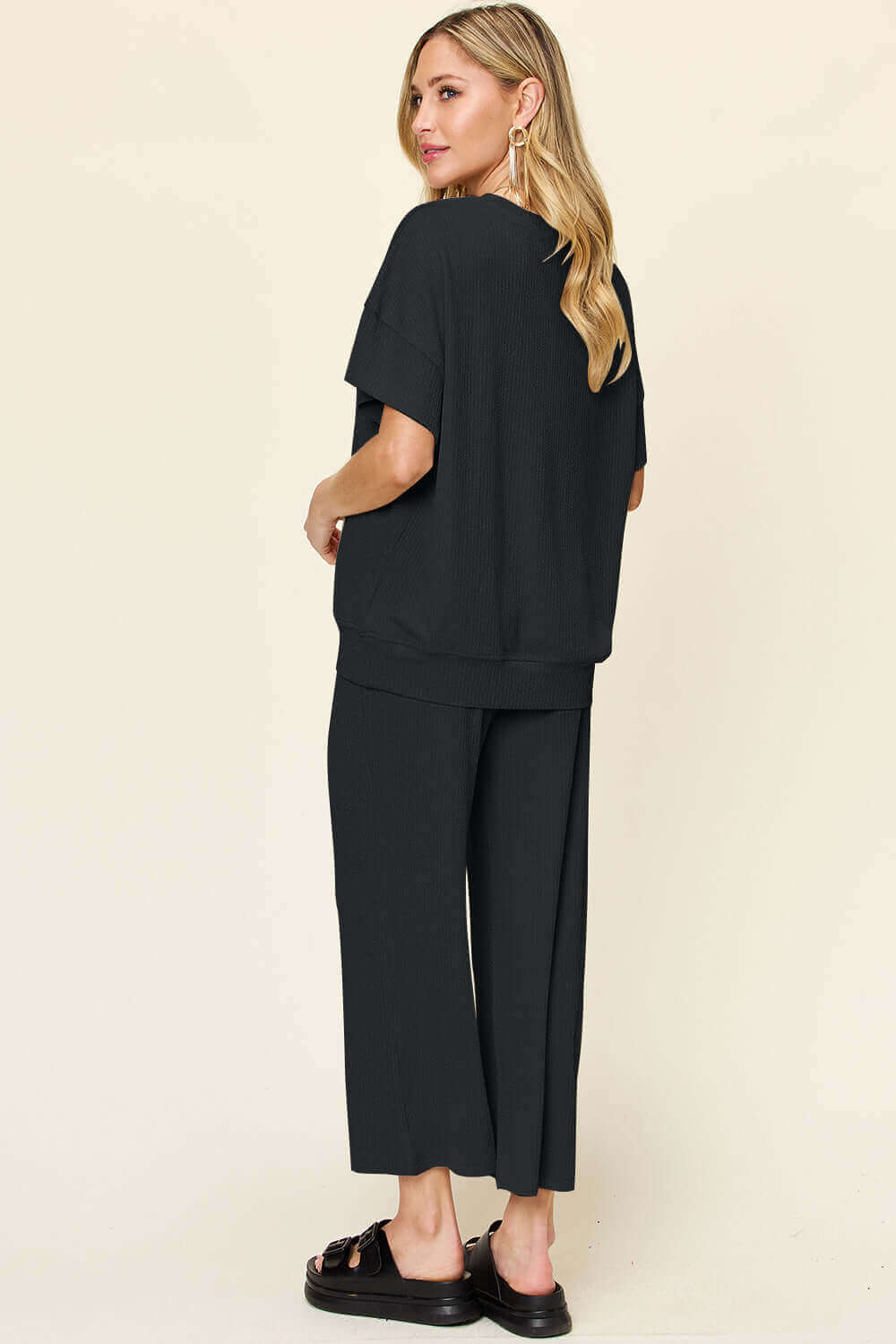 DOUBLE TAKE Full Size Texture Round Neck Short Sleeve T-Shirt and Wide Leg Pants at Bella Road