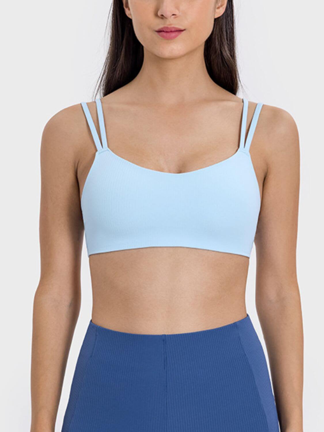 Light blue Millennia Scoop Neck Double Strap Active Cami for workouts and casual days, featuring double straps and scoop neck design.