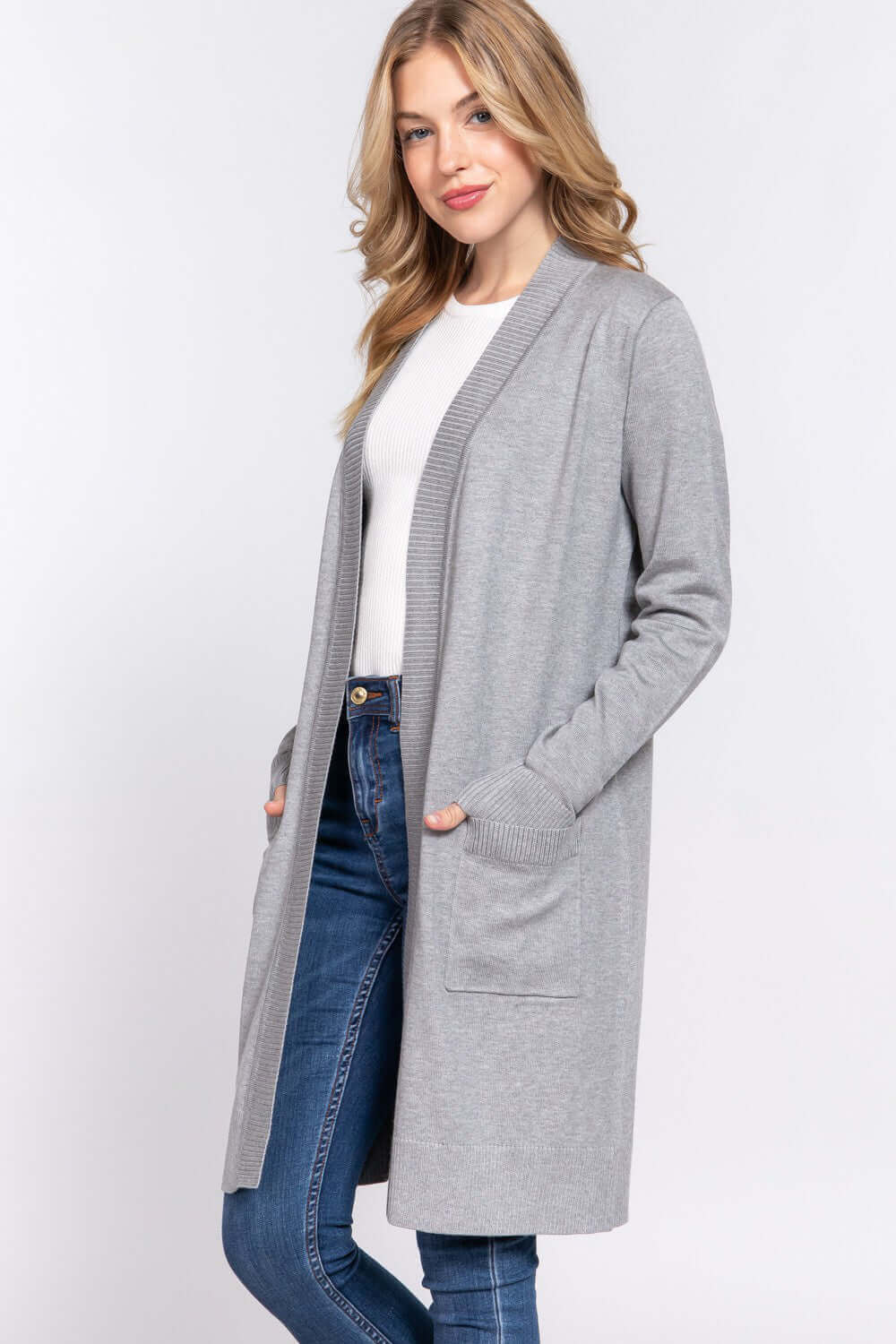 ACTIVE BASIC Open Front Rib Trim Long Sleeve Knit Cardigan at Bella Road