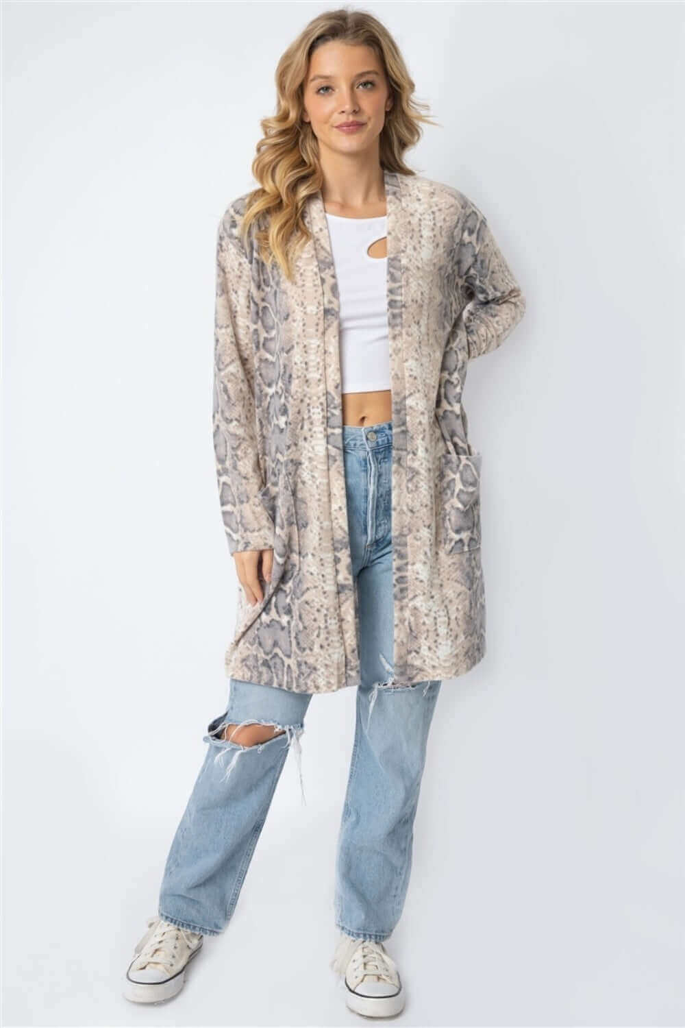 TASHA APPAREL Animal Print Flannel Open Front Longline Cardigan at Bella Road