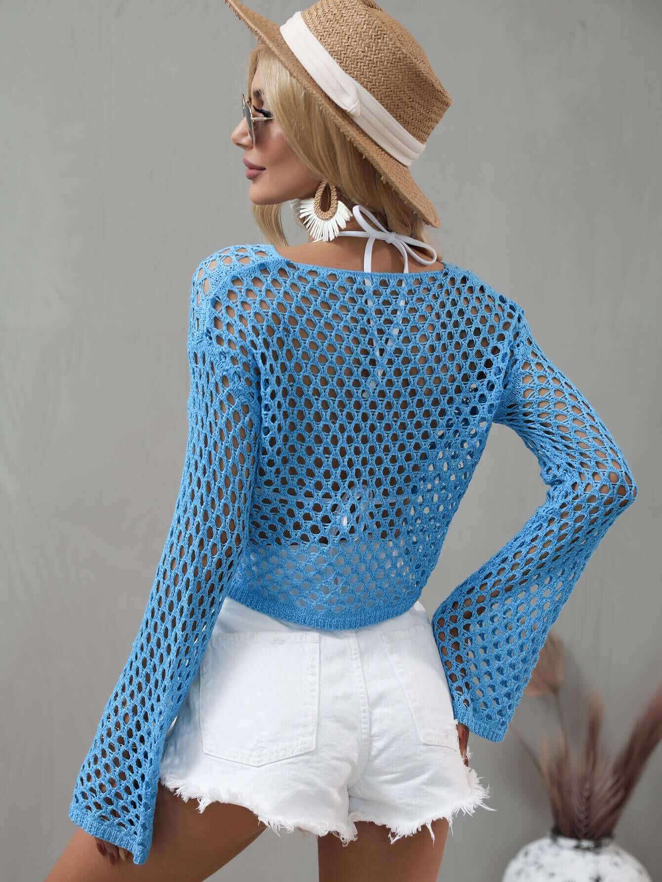 BELLA ROAD Openwork Flare Sleeve Cropped Cover Up at Bella Road