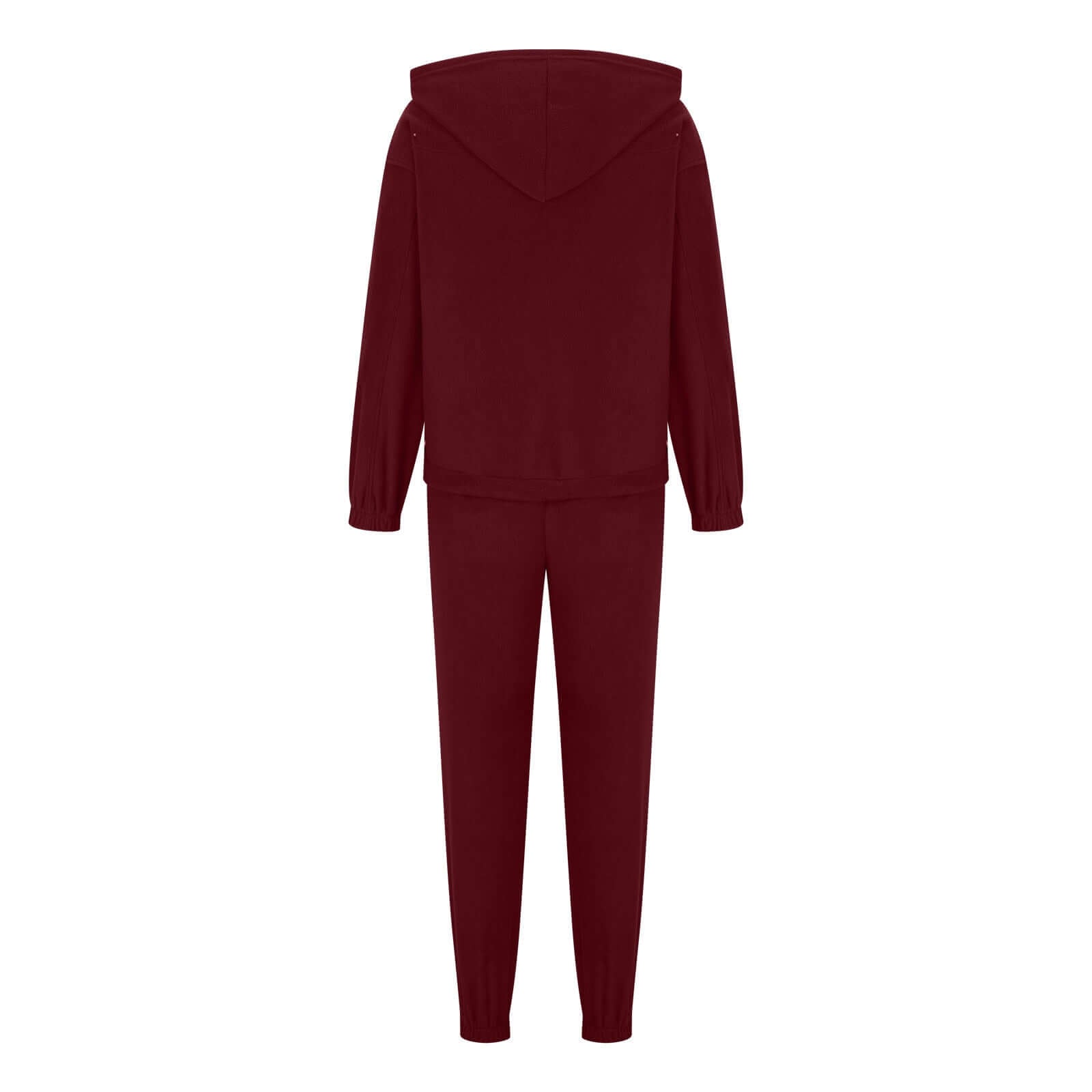 Cozy Bella Road burgundy zip-up hoodie and joggers set, perfect for fall. Two-piece outfit, slightly stretchy fabric, with pockets.