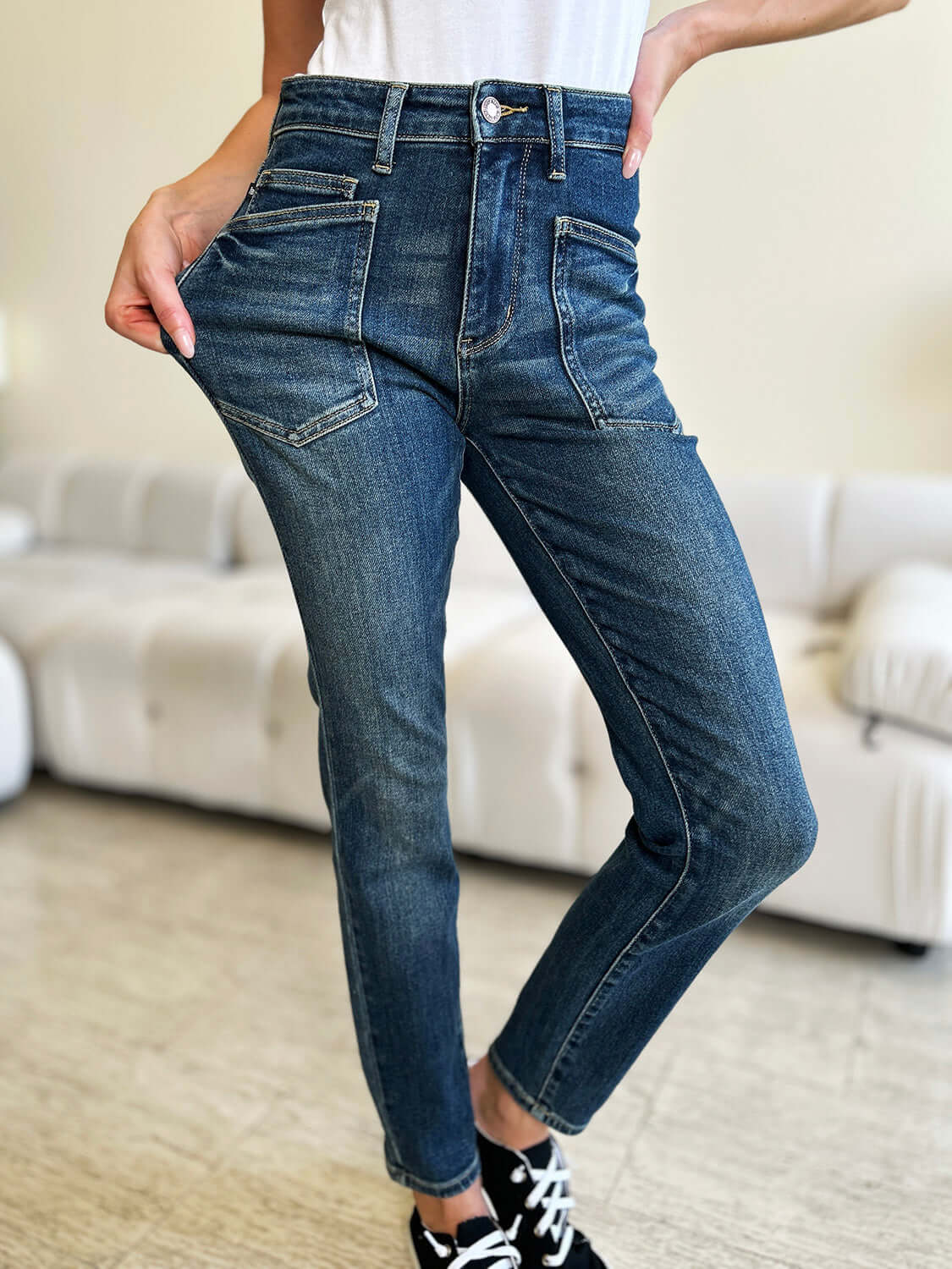 High Waist Skinny Jeans by Judy Blue Jeans, showcasing a flattering fit with a high waist and skinny leg silhouette for a sleek, modern look.