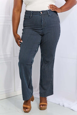 Cassidy full-size high-waisted tummy control striped straight jeans by Judy Blue Jeans enhancing silhouette and comfort.