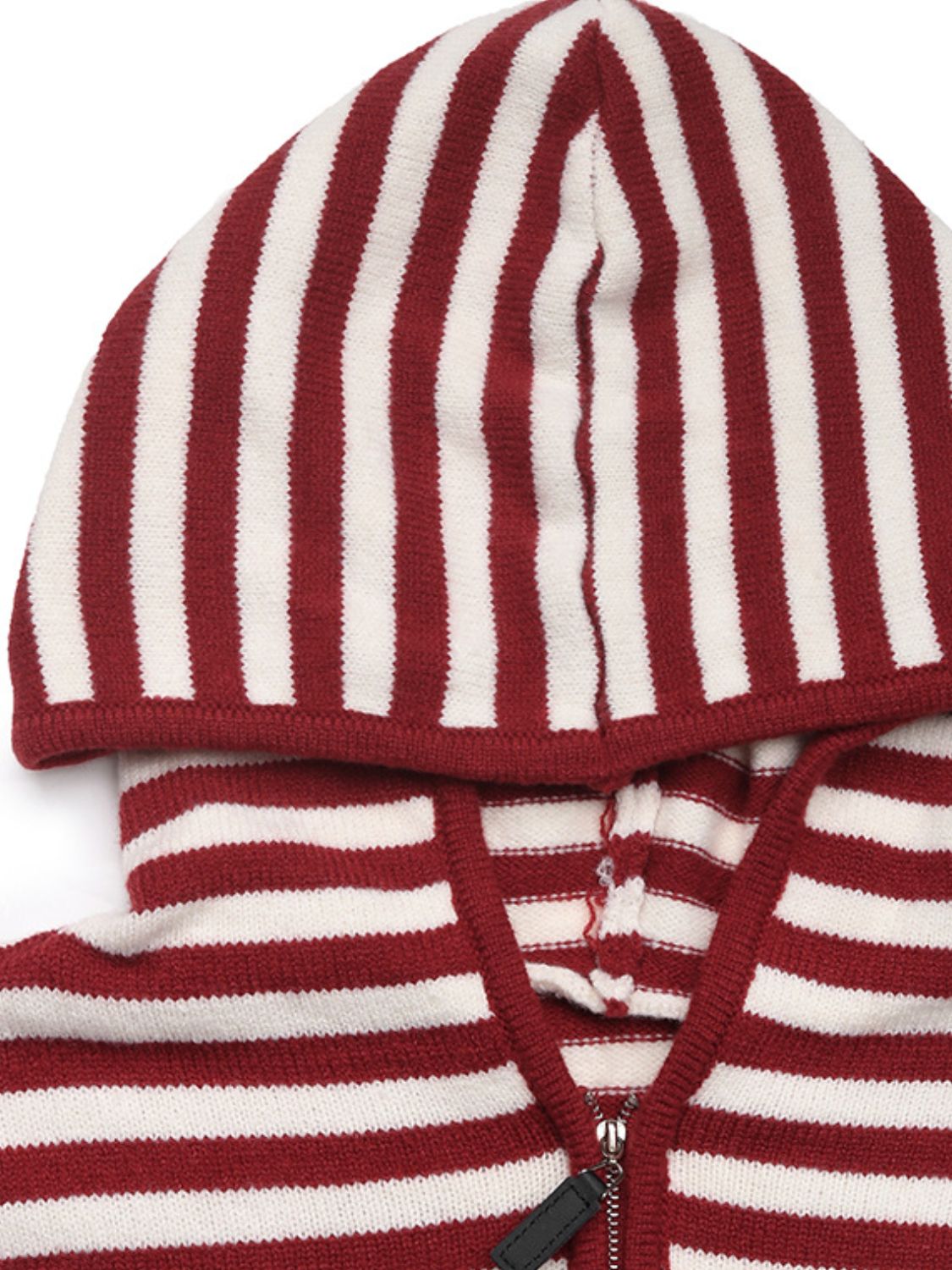 Burgundy and white striped hood of Perfee Long Sleeve Hooded Sweater, showcasing cozy design and playful pattern.