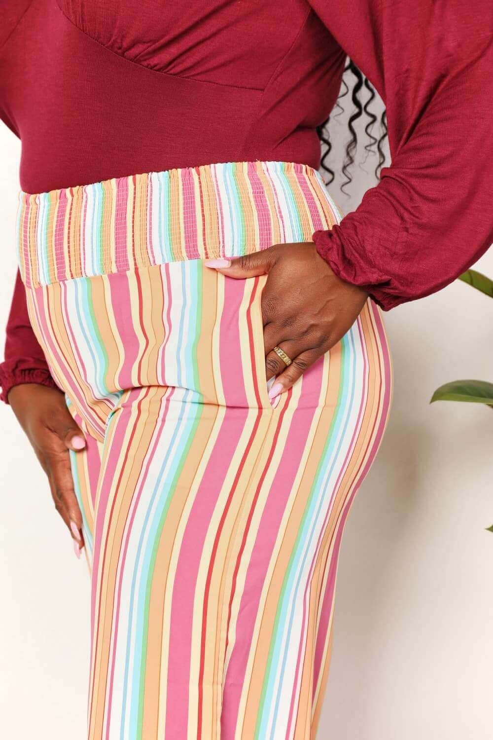 DOUBLE TAKE Striped Smocked Waist Pants with Pockets at Bella Road