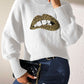 Woman wearing Bella Road Lip Turtleneck Long Sleeve Sweater in white, featuring a leopard print lip design, paired with dark jeans.