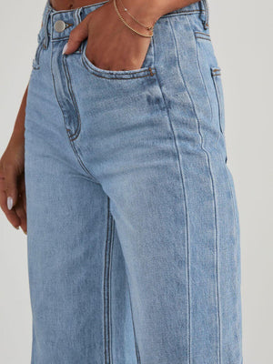 Close-up of Bella Road Raw Hem Wide Leg Jeans with Pockets in light blue denim fabric, showcasing front pockets and high-waist design.