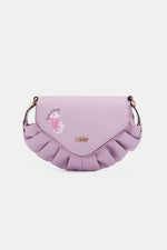 Nicole Lee USA Graphic Crossbody Bag in light purple with ruffled edges and graphic design on flap.