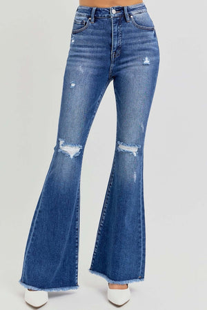 Trendy high-rise distressed flare jeans with raw hem, perfect for a retro look.