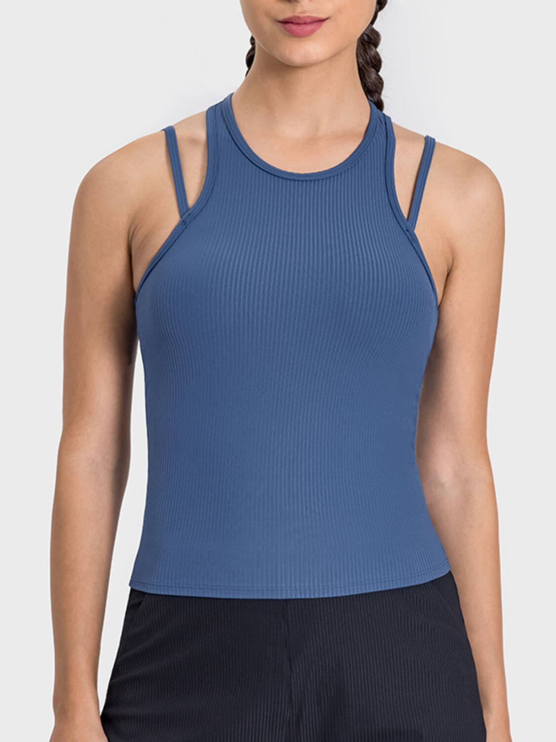 Millennia Cutout Round Neck Racerback Active Tank in blue, featuring stylish cutout design and comfortable fit for workouts.