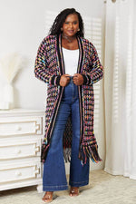 DOUBLE TAKE Full Size Multicolored Open Front Fringe Hem Cardigan at Bella Road