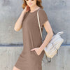 Round Neck Short Sleeve Dress with Pockets | Full Size - Camel