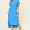 Round Neck Short Sleeve Slit Dress | Full Size - Sky Blue