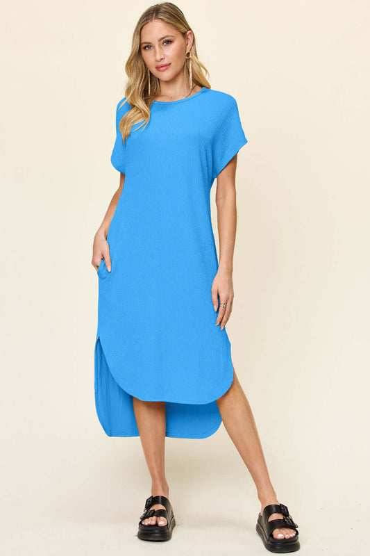 DOUBLE TAKE Full Size Round Neck Short Sleeve Slit Dress at Bella Road