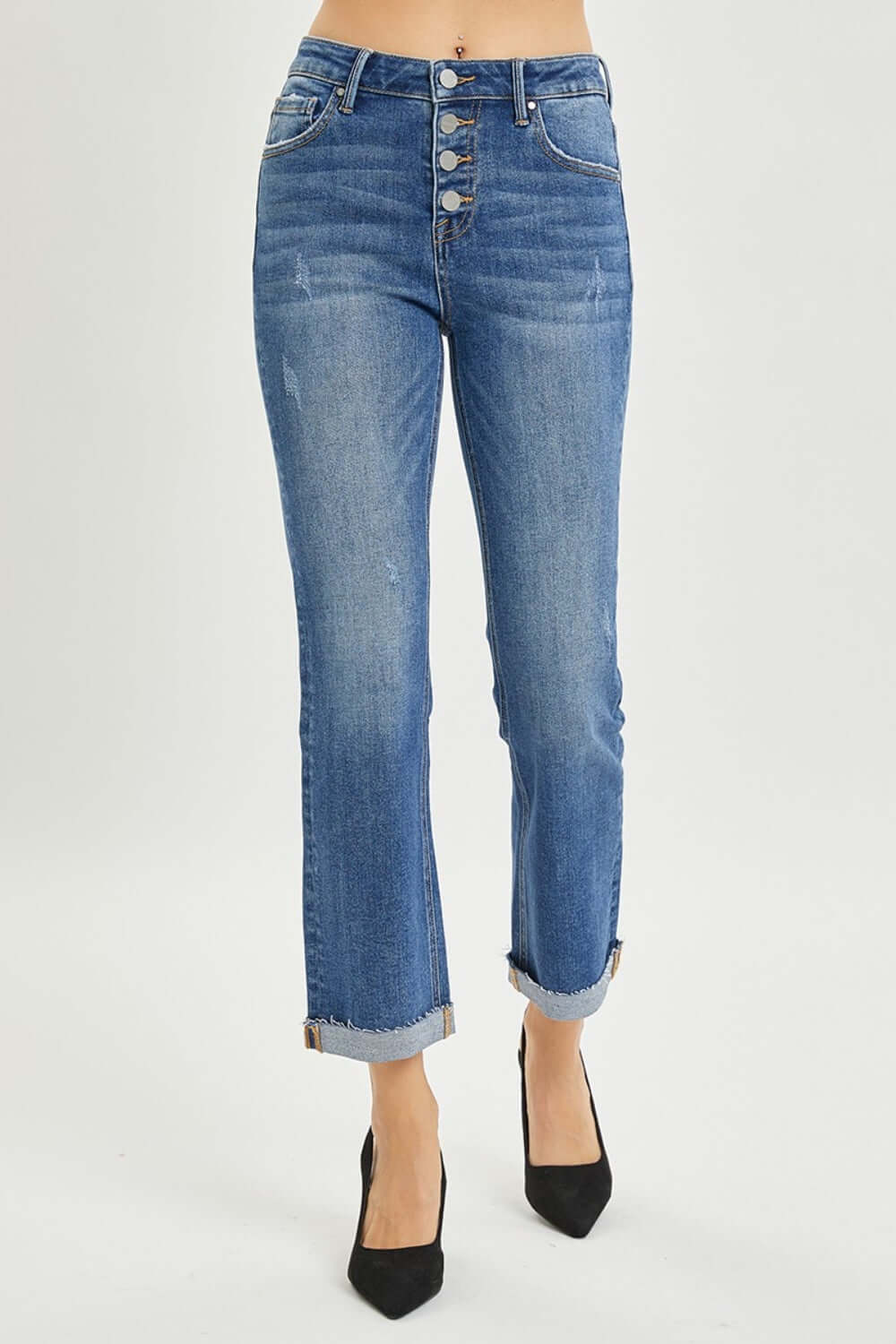 Stylish Button Fly Cropped Bootcut Jeans by Risen Jeans - Perfect for showcasing your favorite footwear