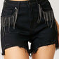 Frayed hem denim shorts with fringe detail pockets by Risen Jeans, perfect for summer fashion and casual chic look.