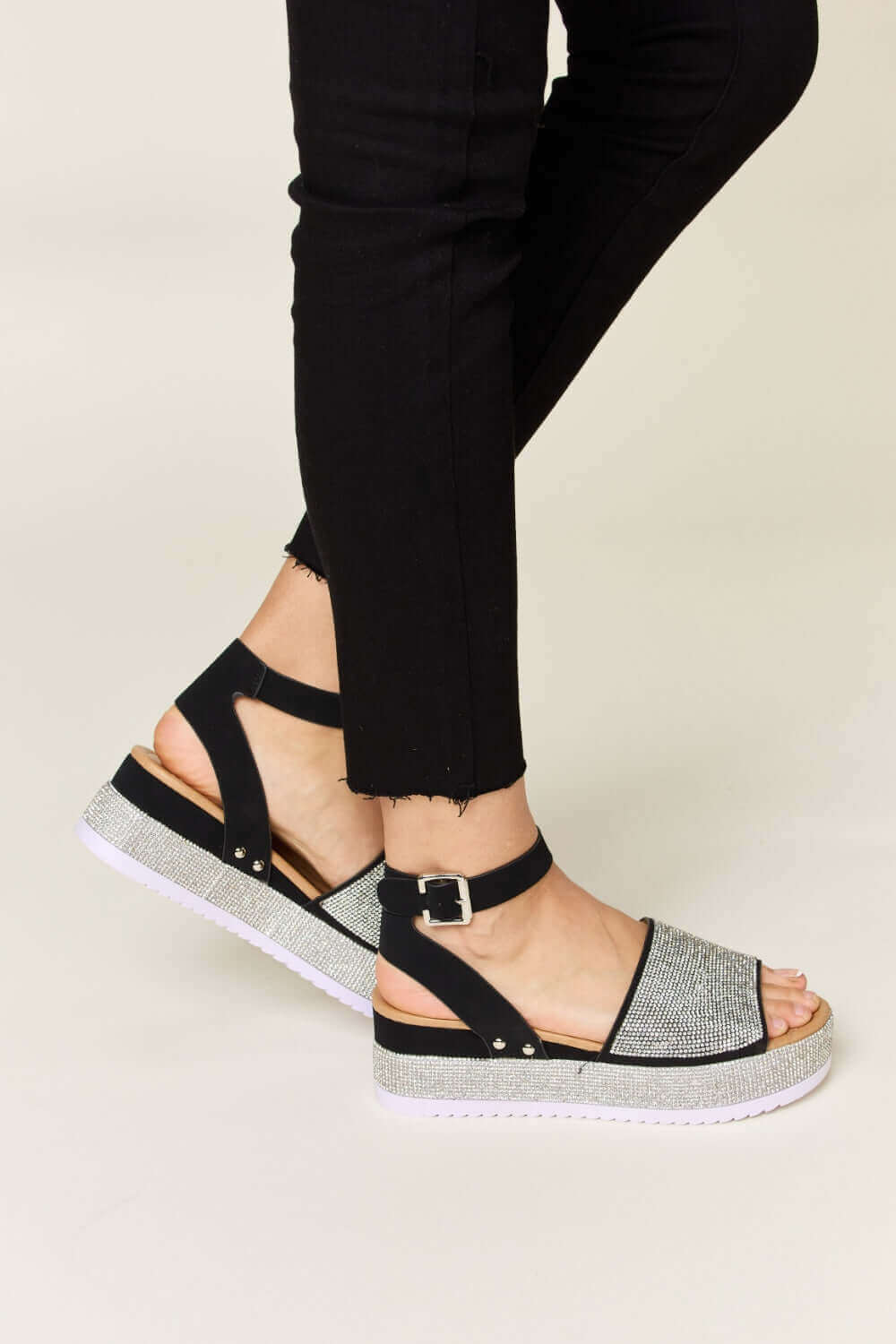 FOREVER LINK Rhinestone Buckle Strappy Wedge Sandals at Bella Road