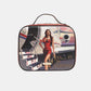 Nicole Lee USA printed handbag depicting a woman in a red dress standing by an airplane with "Passion is Freedom" text