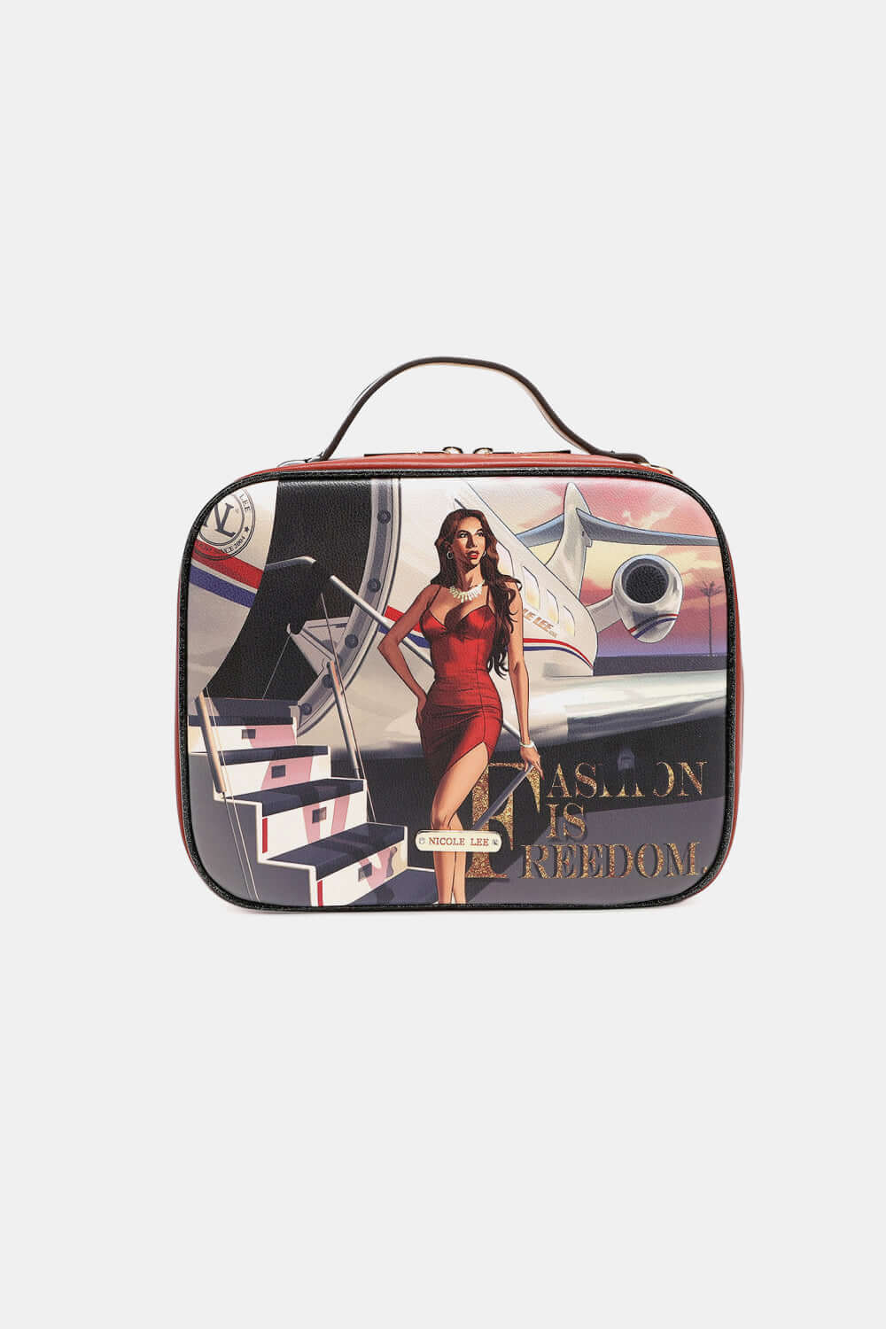 Nicole Lee USA printed handbag depicting a woman in a red dress standing by an airplane with "Passion is Freedom" text