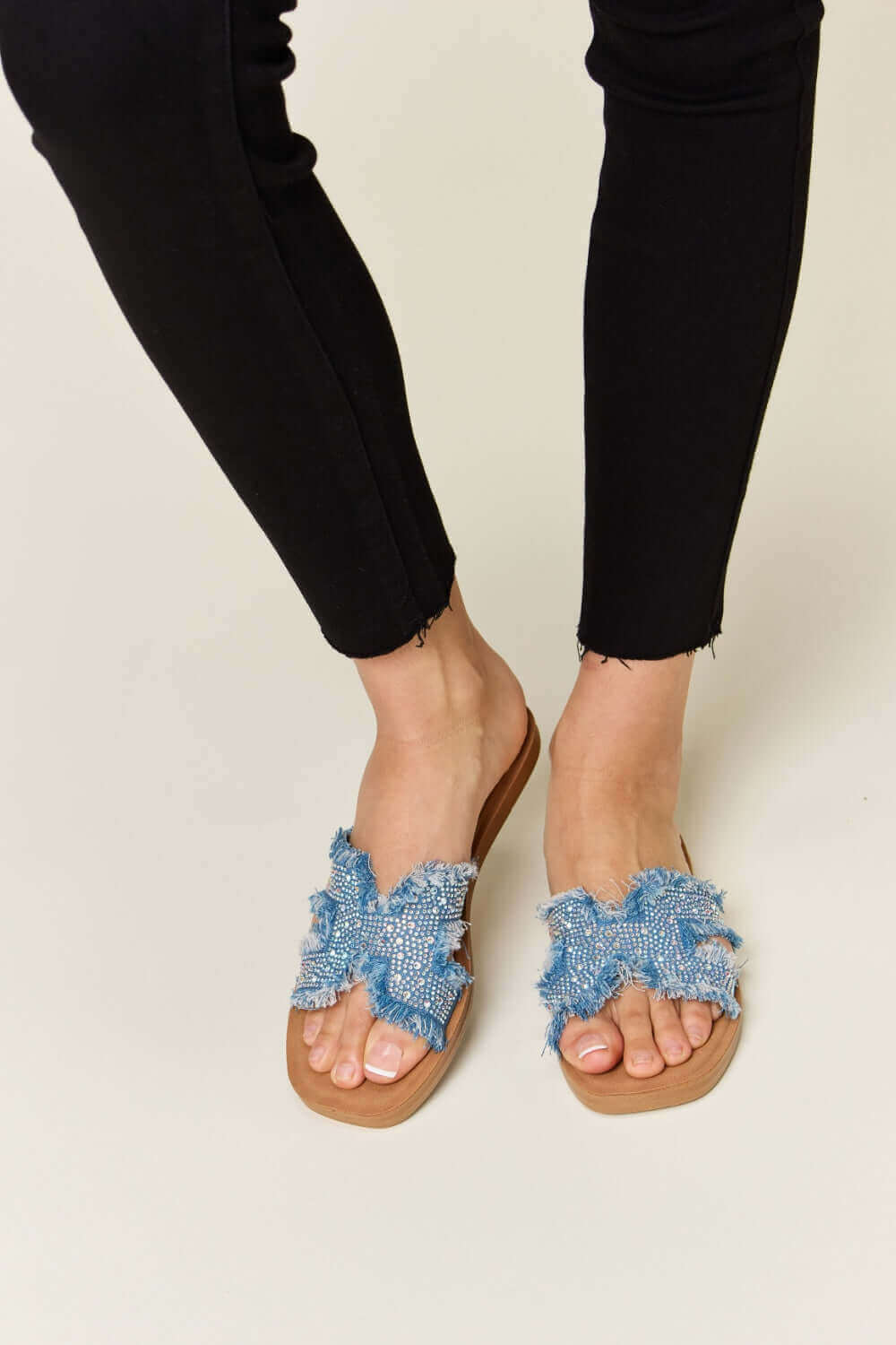 FOREVER LINK Raw Trim Denim H-Band Flat Sandals at Bella Road