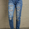 Baeful Checkered Patchwork Mid Waist Distressed Jeans - Denim