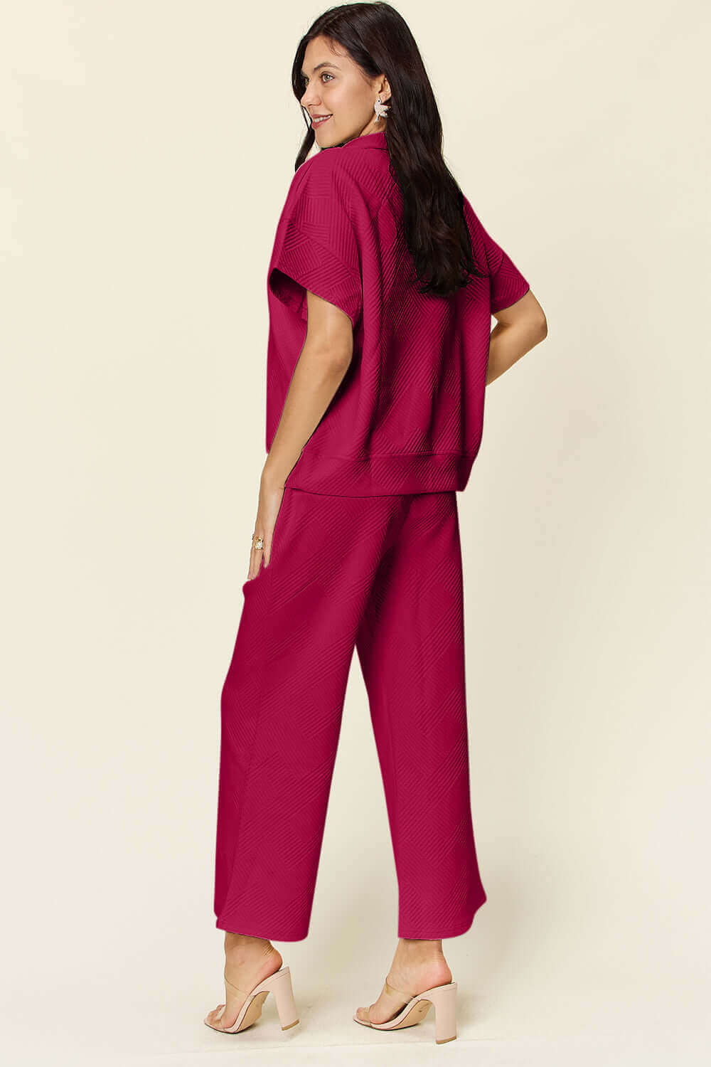 DOUBLE TAKE Full Size Texture Half Zip Short Sleeve Top and Pants Set at Bella Road