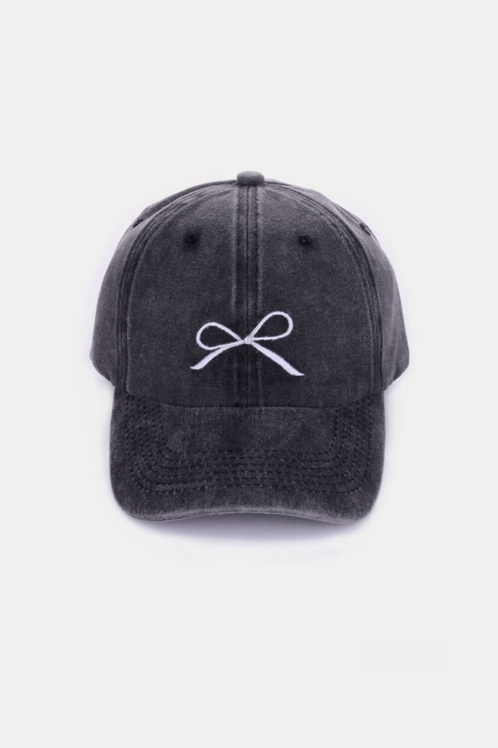 Bow Embroidered Washed Cotton Cap in black with delicate bow design, stylish and comfortable accessory.