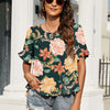 Floral Ruffled Short Sleeve Blouse - Green