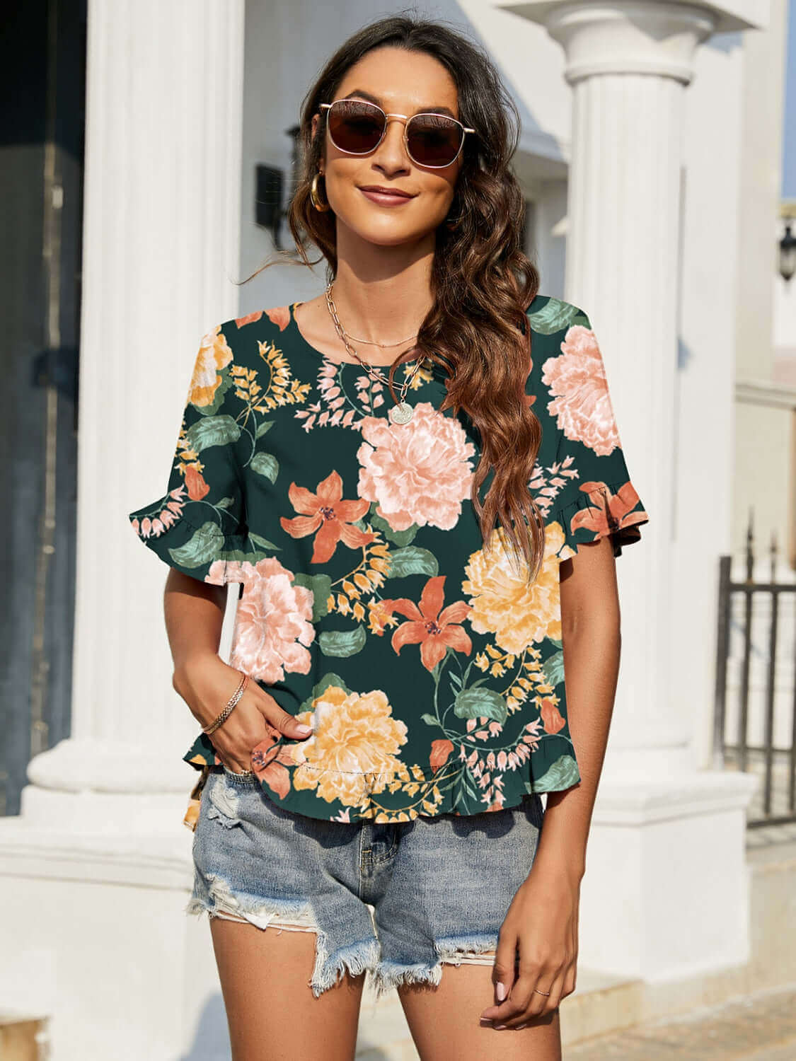 BELLA ROAD Floral Ruffled Short Sleeve Blouse at Bella Road