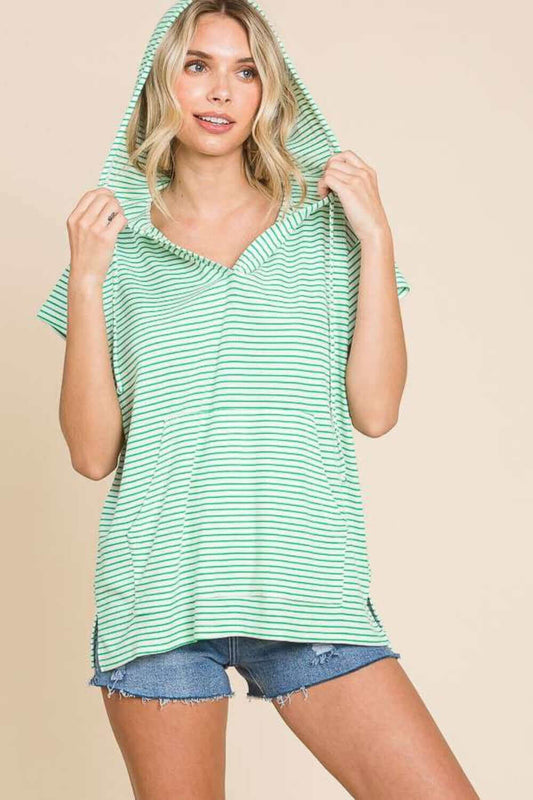 CULTURE CODE Full Size Striped Short Sleeve Hooded Top at Bella Road