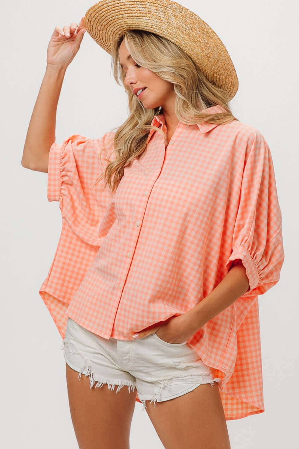 BIBI Plaid Button Up Dolman Sleeve Shirt at Bella Road