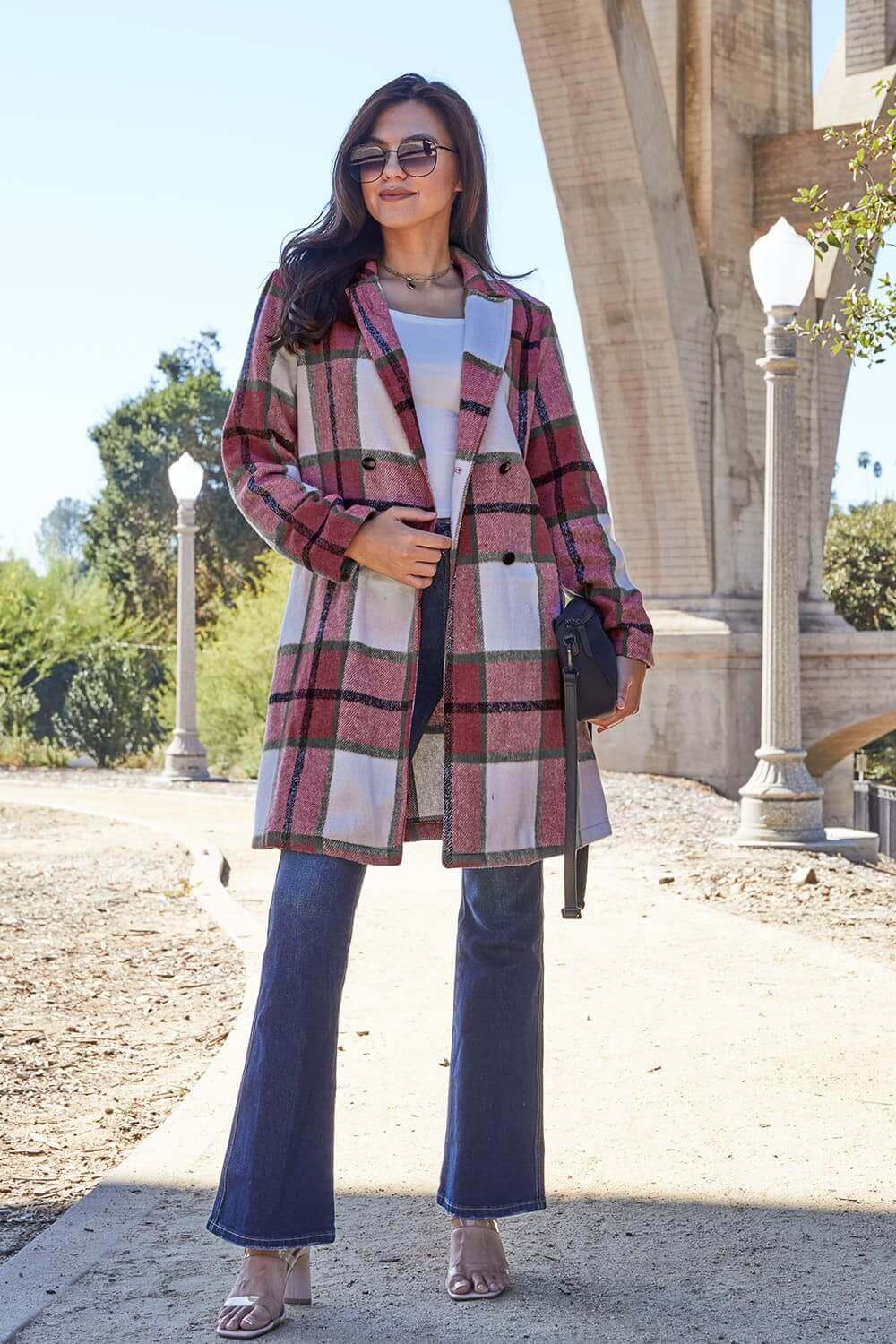 DOUBLE TAKE Full Size Plaid Button Up Lapel Collar Coat at Bella Road