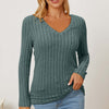 Ribbed V-Neck Long Sleeve T-Shirt - Air Force Blue