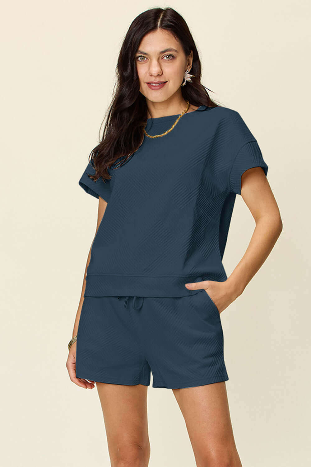 DOUBLE TAKE Full Size Texture Short Sleeve T-Shirt and Drawstring Shorts Set at Bella Road